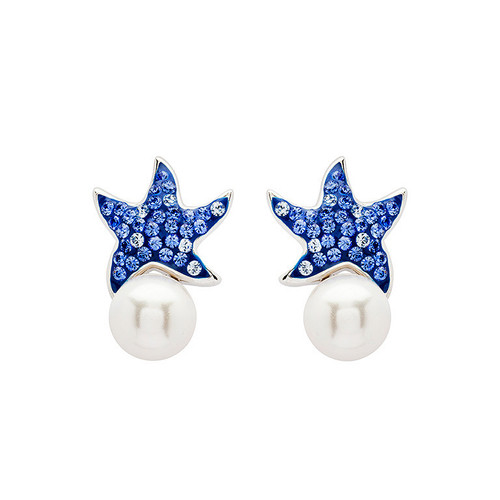 Sterling Silver Pearl with Sapphire Crystal Star Fish Earrings
