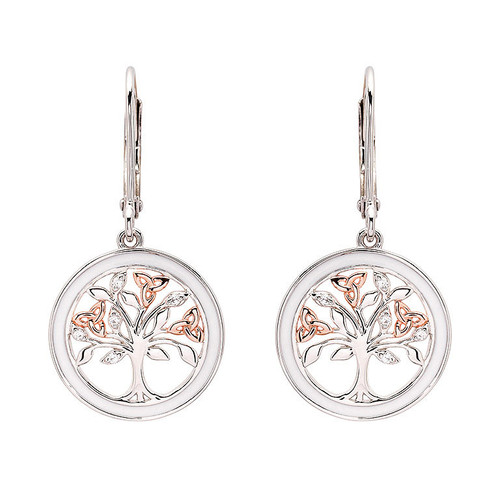 Sterling Silver Celtic Tree of Life Earrings with Enamel Cubic Zirconia and Rose Gold Detail