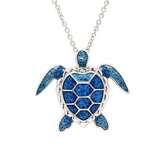Sterling Silver Blue Enamel Sea Turtle Necklace
