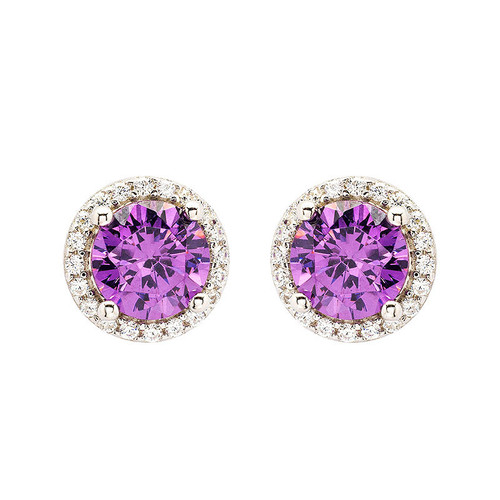 Sterling Silver Amythest CZ Halo Earrings