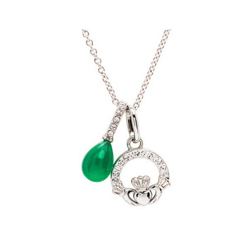 Sterling Silver White Crystal and Green Agate Claddagh Necklace