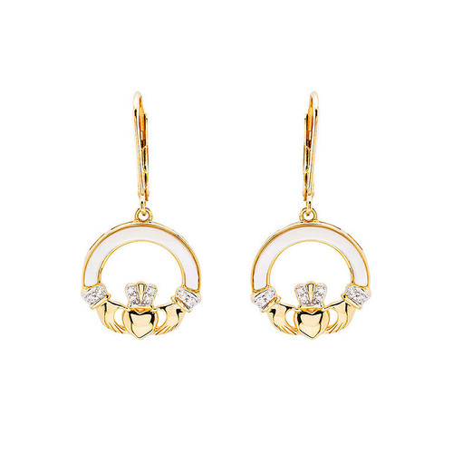 14kt Gold Vermeil Mother of Pearl Claddagh Earrings with White Cubic Zirconia