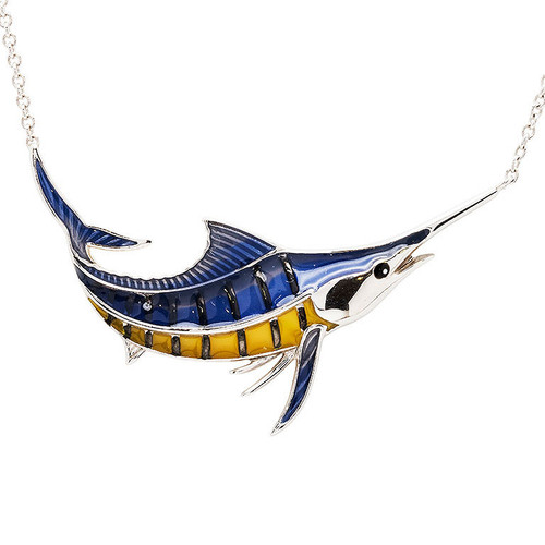 Sterling Silver Blue and Yellow Enamel Marlin Fish Necklace