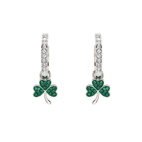 Sterling Silver Shamrock Earrings with Green Crystals