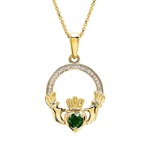 14kt Gold Lab Grown Diamond Lab Emerald Claddagh Necklace