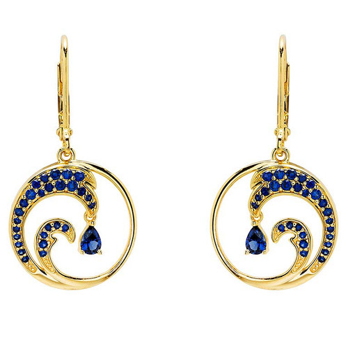 14k Gold Vermeil Blue Lab Grown Sapphire Wave Earrings
