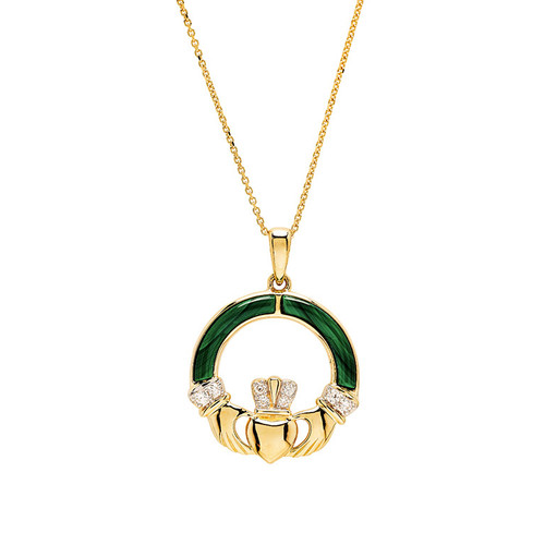 14kt Gold Lab Grown Diamond Malachite Claddagh Necklace