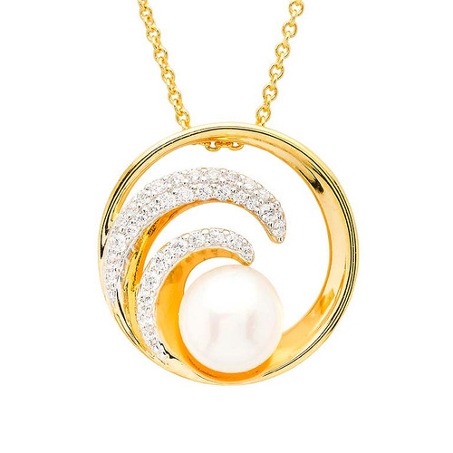 14KT Gold Vermeil Pearl Wave Necklace with White Cubic Zirconia
