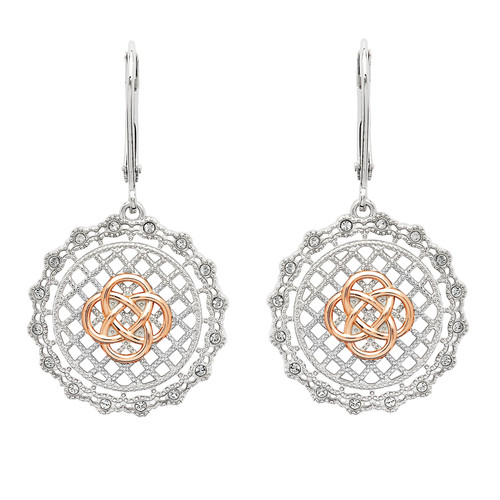 Irish Lace Rose Gold Plated Silver Celtic Knot Drop Earrings