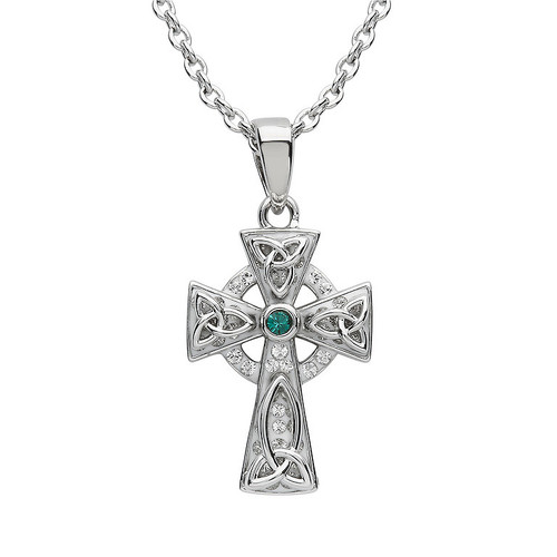 Platinum Plated Green/White Cross Pendant Swarovski