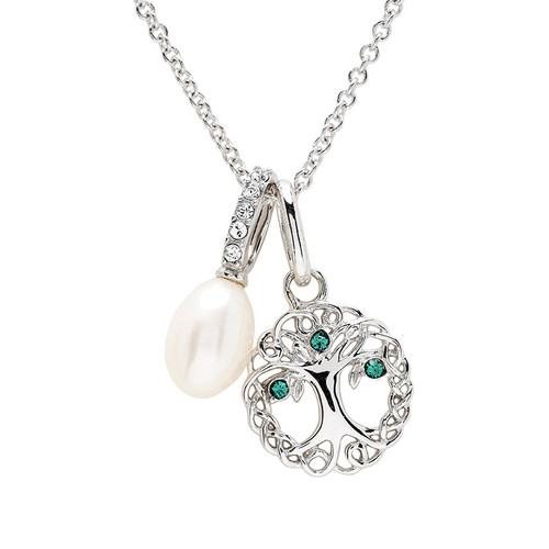 Sterling Silver Tree of Life Necklace with Pearl and Green Crystals