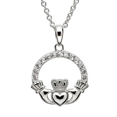 Sterling Silver Claddagh White Crystal Pendant Swarovski