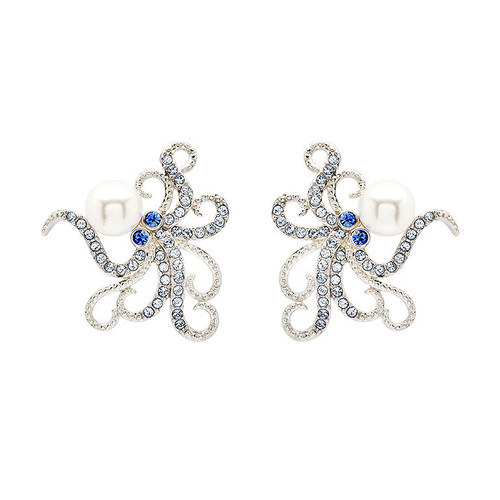 Sterling Silver Pearl with Blue Crystal Octopus Earrings