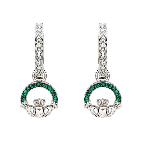 Sterling Silver Claddagh Earrings with Green Crystals