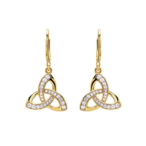 14KT Gold Vermeil Drop Trinity Knot Earrings Studded with White Cubic Zirconias