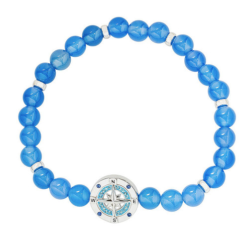 Sterling Silver Blue Agate Compass Stretchy Bracelet With Crystals