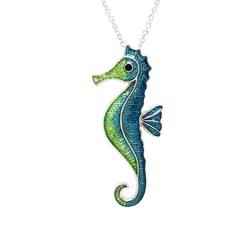 Sterling Silver Blue Enamel and CZ Seahorse Necklace