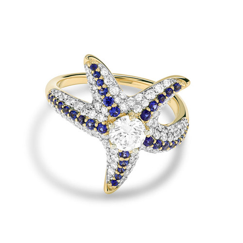 14kt Gold Lab Sapphire and Diamond Star Ring