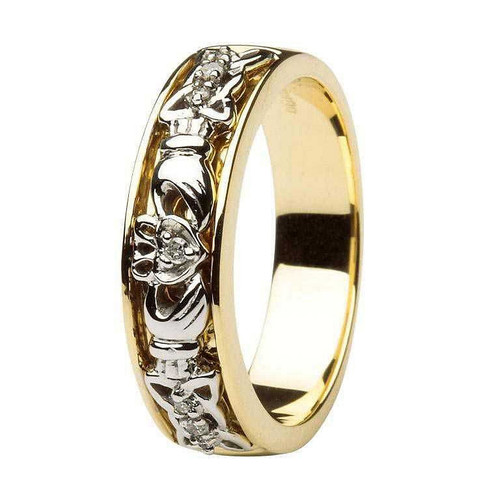 Claddagh Wedding Ring Two Tone Ladies Diamonds Set with Celtic Knotwork