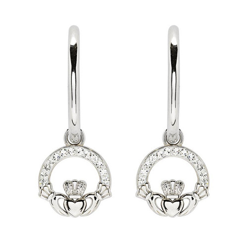 Sterling Silver Crystal Claddagh Hoop Earrings