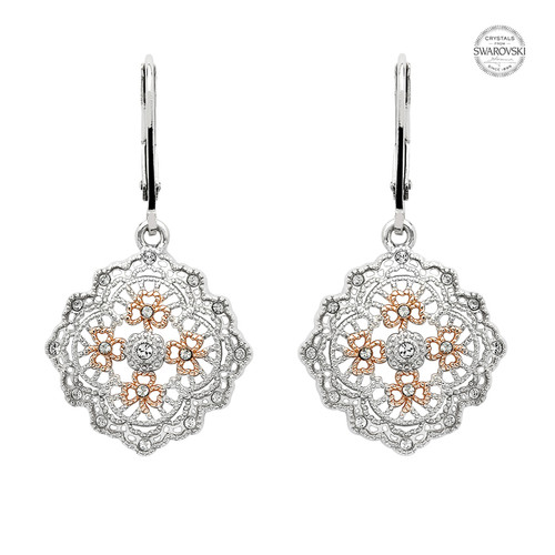 Irish Lace Rose Gold Silver Shamrock Drop Earrings