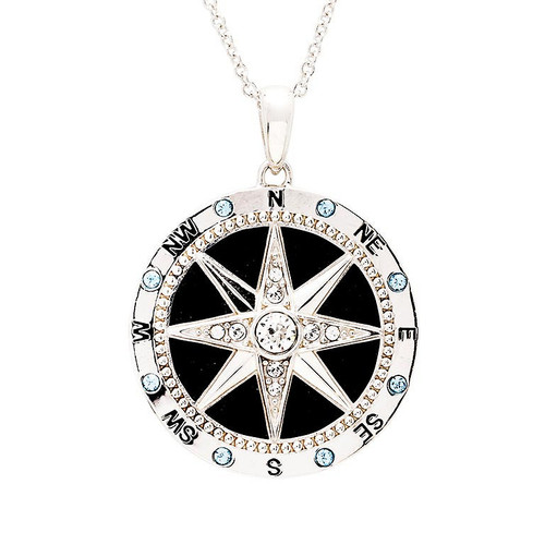 Sterling Silver White Crystal Enamel Compass Necklace