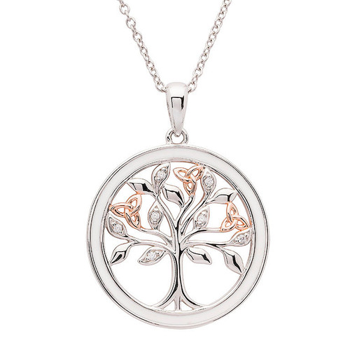 Sterling Silver Celtic Tree of Life Necklace with Enamel Cubic Zirconia and Rose Gold Detail