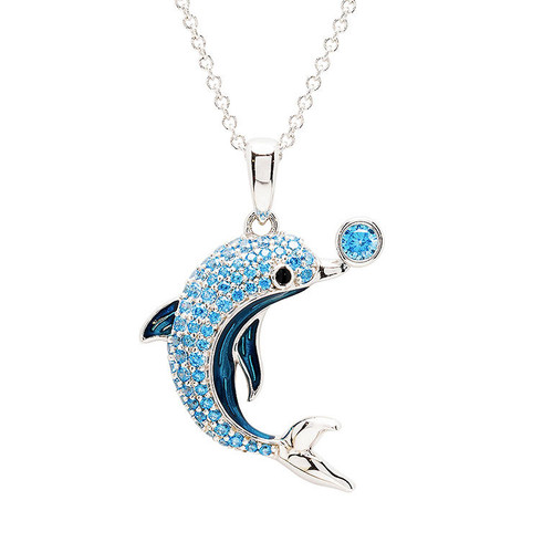 Sterling Silver Sapphire Enamel and CZ Dolphin Necklace