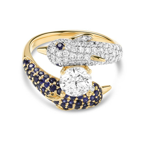 14kt Gold Lab Sapphire and Diamond Dolphin Ring