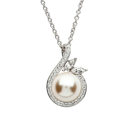 Silver Halo Twist Pearl Pendant Adorned With Crystals