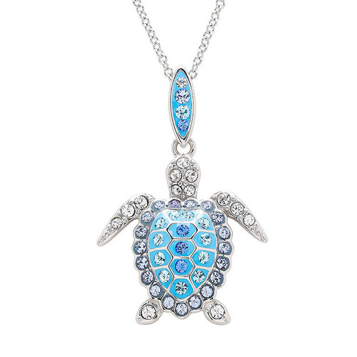 Sterling Silver Turtle Necklace with Aquamarine and White Crystals