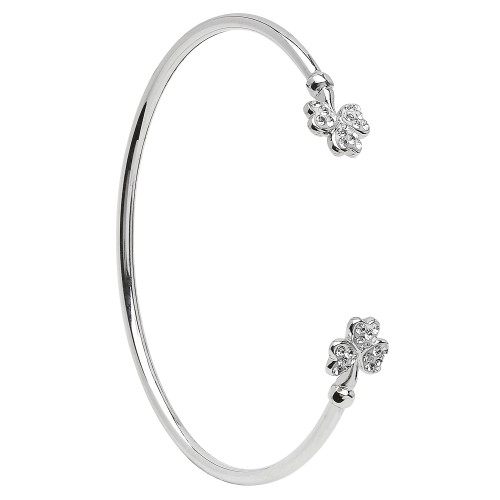 Silver Shamrock Bangle Adorned With Crystal