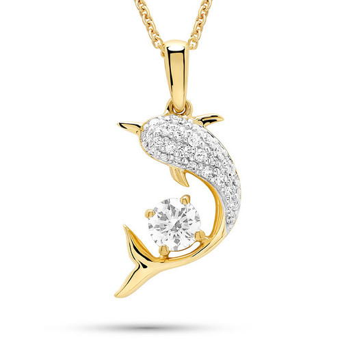 14K Gold Dolphin Necklace with Solitaire Lab-Grown Diamond
