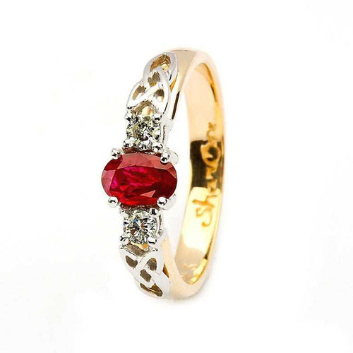 Oval Ruby and Diamond Celtic Trinity 14K Yellow and White Gold 3 Stone