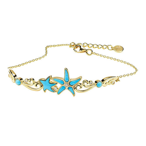 14K Gold Vermeil Starfish Bangle With Turquoise and Lab Sapphire