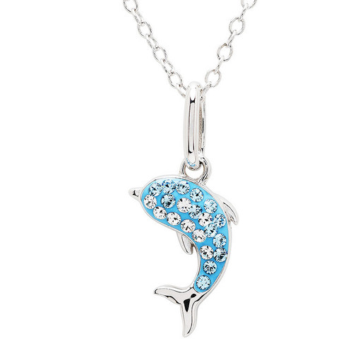 Sterling Silver Aqua and White Crystals Dolphin Mini Necklace