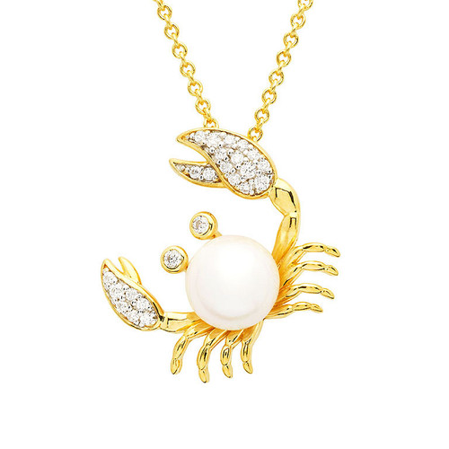 14KT Gold Vermeil Pearl Crab Necklace with White Cubic Zirconia