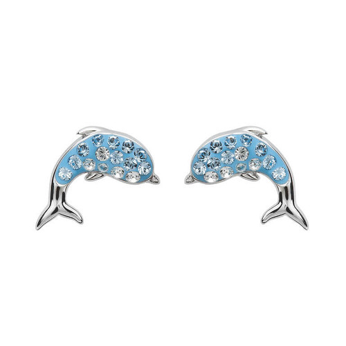Dolphin Stud Earrings with Aqua Crystals