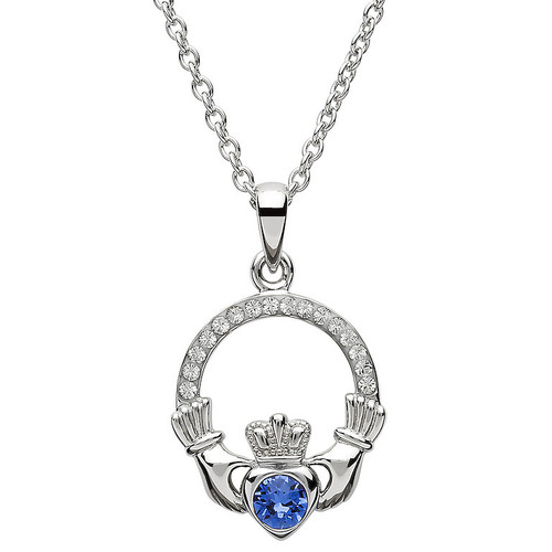 Platinum Plated September Claddagh Pendant Swarovski
