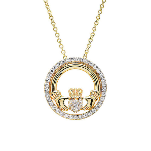 14kt Gold Vermeil Claddagh Necklace with White Sapphires