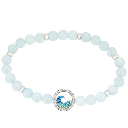 Sterling Silver Aquamarine Wave Stretchy Bracelet with Crystals