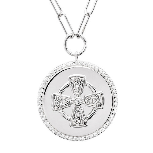 Sterling Silver Paperclip Celtic Cross Medallion Necklace with White Cubic Zirconia