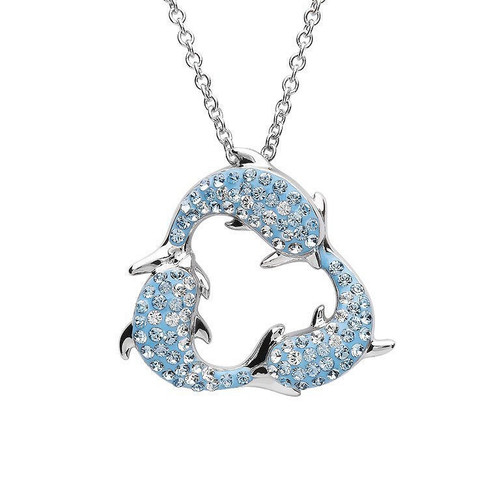 Three Dolphins Necklace in Aqua Crystals