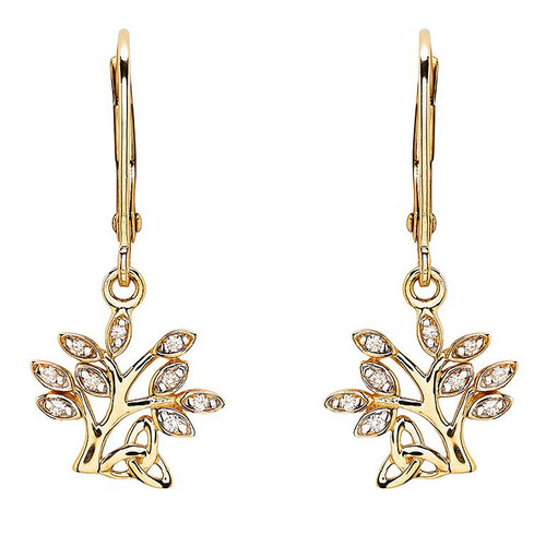 14kt Yellow Gold Lab Grown Diamond Tree of Life Drop Earrings