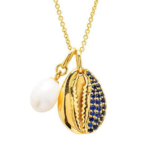14k Gold Vermeil Blue Lab Grown Sapphire Cowrie Shell Necklace