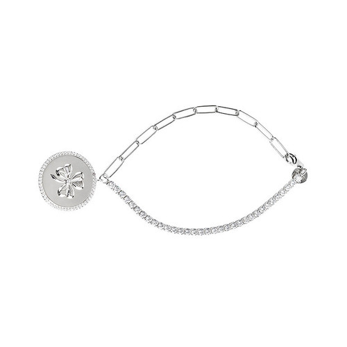 Sterling Silver Paperclip Irish Shamrock Medallion Bracelet with White Cubic Zirconia