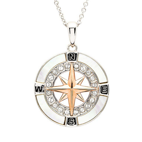 Sterling Silver Mother of Pearl Rose Gold Compass Necklace with White Crystals
