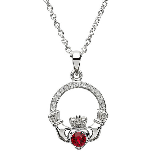 Platinum Plated July Claddagh Pendant Swarovski