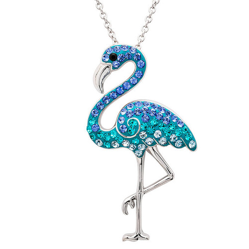 Sterling Silver Flamingo Necklace with Blue crystals
