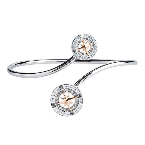 Sterling Silver and Rose Gold Compass Bangle With Crystals